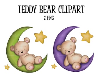 Clipart di orsacchiotto, luna e stelle PNG, baby shower (download digitale)