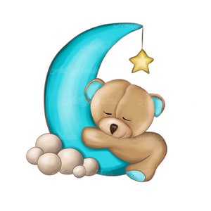 Teddy Bear Clipart, Teddy Bear Sleeping on Moon, PNG, Baby Shower, Digital Download