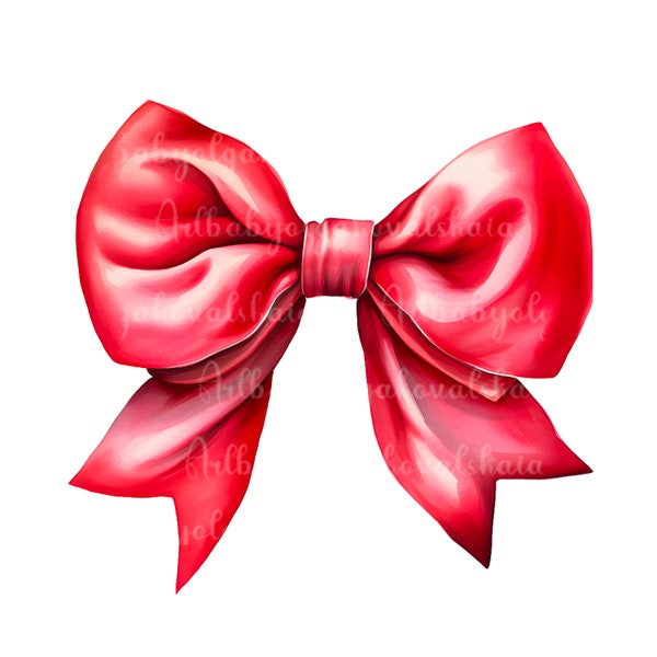 Red Silk Bow PNG, Watercolor Bow, Birthday Clipart, Digital Download