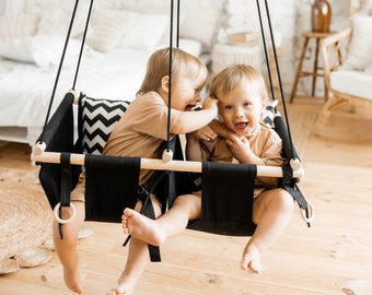 Cadeau pour jumeaux, balançoire pour enfants jumeaux, balançoire d'intérieur, balançoire de porche extérieure, chaise de balançoire pour tout-petit, balançoire à dossier haut, balançoire naturelle hamac pour enfant en bois