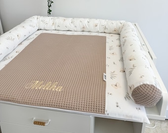 Cotton beige floral print changing pad with long pillow and baskets, baby nursery room changing top mat, topper for changing table