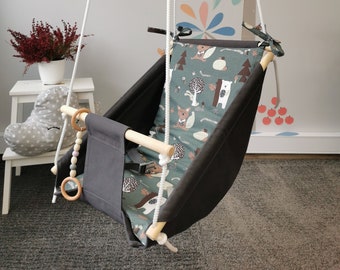 Kinderhangmat schommels binnen, gepersonaliseerd babycadeau, schommel met hoge rug, peuterschommelset, 1e verjaardagscadeau, stoffen achtertuin schommelschommel