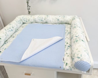 Cotton eucalyptus print changing pad with long pillow, baskets and blanket, baby nursery room changing top mat, topper for changing table