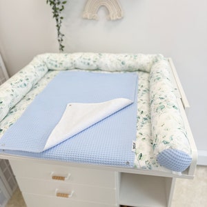 Cotton eucalyptus print changing pad with long pillow, baskets and blanket, baby nursery room changing top mat, topper for changing table