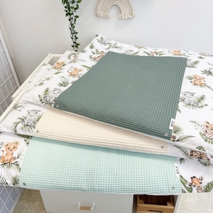 Cotton animal print changing pad with long pillow and baskets, baby nursery room changing top mat, topper for changing table