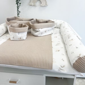 Matelas à langer imprimé fleurs en coton beige avec oreiller long et paniers, dessus de tapis à langer pour chambre de bébé, dessus pour table à langer, ustensile Mat+Baskets