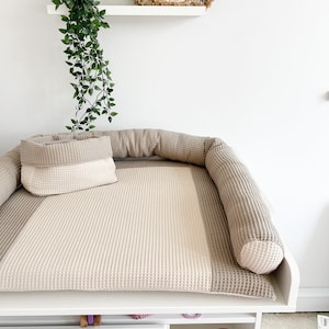 Juego de cambiador con almohada larga y cestas, tapete de cambiador portátil lavable neutro beige para recién nacidos, suave algodón de gofre orgánico