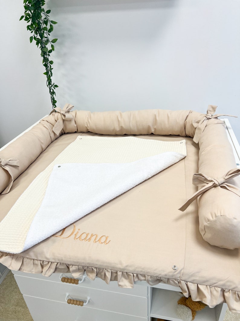 Matelas à langer blanc en tissu, Matelas à langer avec paniers d'accessoires, Coussin de voyage pour chambre de bébé, Matelas à langer beige, Matelas à langer image 8