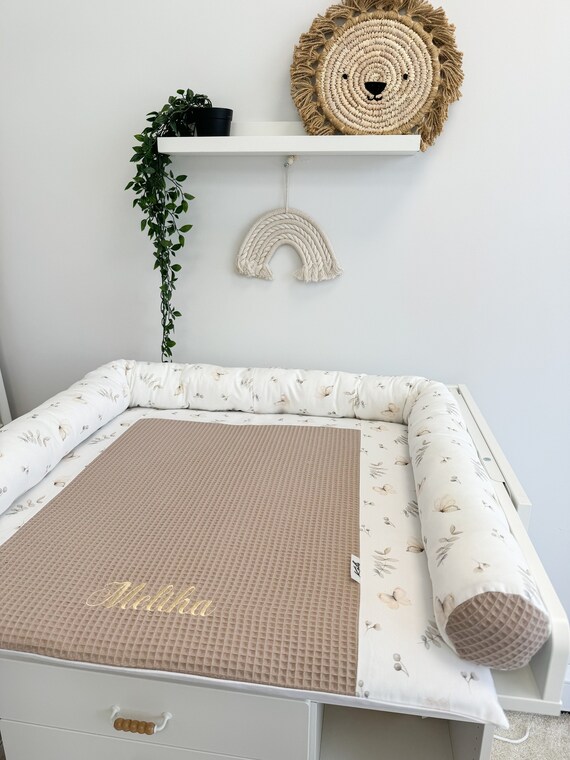 Cotton beige floral print changing pad with long pillow and baskets, baby nursery room changing top mat, topper for changing table