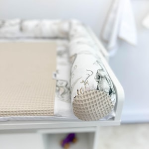 Cotton beige changing pad with long pillow and baskets, baby nursery room changing top mat, topper for changing table, elephant themed mat