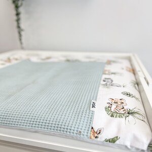 Changing mat in animal safari print, Baby changing table topper, Long pillow baby nursery room, winding pad, table try, baby shower gift With Sage green