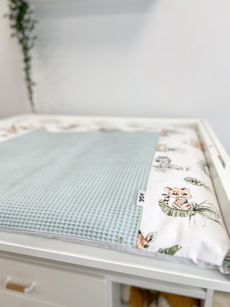 Changing mat in animal safari print, Baby changing table topper, Long pillow baby nursery room, winding pad, table try, baby shower gift With Sage green