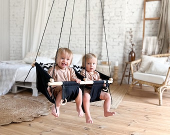 Cadeau pour jumeaux, balançoire pour enfants jumeaux, balançoire d'intérieur, balançoire de porche extérieure, chaise de balançoire pour tout-petit, balançoire à dossier haut, balançoire naturelle hamac pour enfant en bois