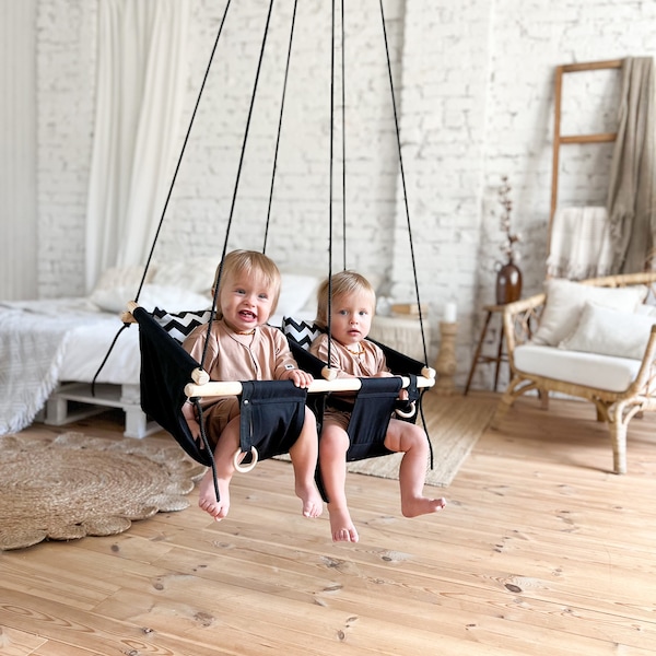 Gift for twins, swing twin kids, Indoor Swing, Outdoor porch swing, Toddler swing chair, High back swing, Natural swing Child Hammock wooden