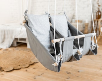 Gray twin hammock swing, twin swing for kids, Indoor Porch swing Kids, Swing set, Schaukel, Balançoire, Baby hammock 3in1