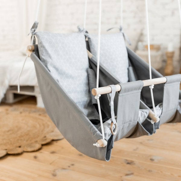 Gray twin hammock swing, twin swing for kids, Indoor Porch swing Kids, Swing set, Schaukel, Balançoire, Baby hammock 3in1