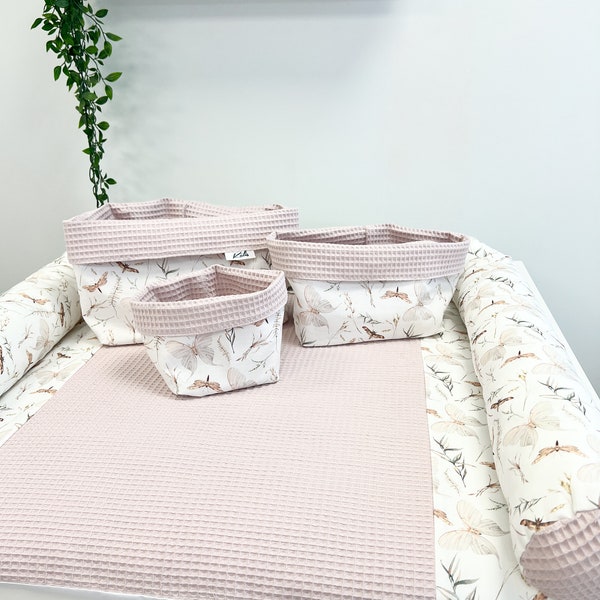 Cotton pink print changing pad with long pillow and baskets, girls baby nursery room changing top mat, topper for changing table,butterfly