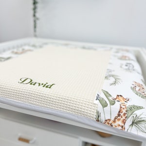 Changing mat in animal safari print, Baby changing table topper, Long pillow baby nursery room, winding pad, table try, baby shower gift With beige middle