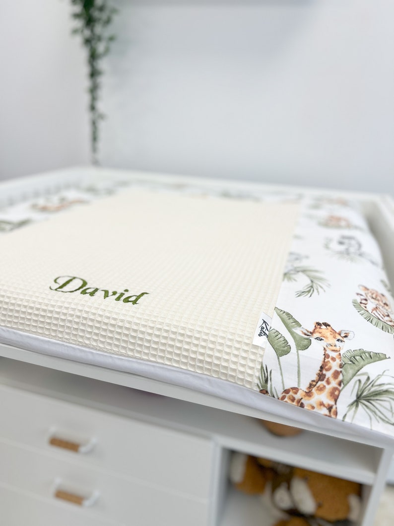 Changing mat in animal safari print, Baby changing table topper, Long pillow baby nursery room, winding pad, table try, baby shower gift With beige middle