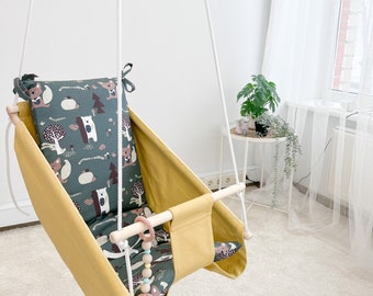 Schaukel, Balançoire, Babyhangmat 3in1, Grijs Kinderschommel, Peuterstoel, Scandinavische stijl binnen/buiten. Verjaardagscadeau. 100% met de hand gemaakt