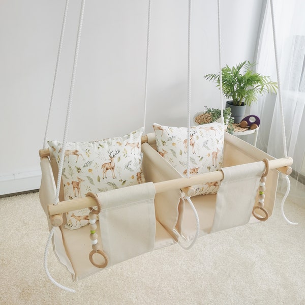 Gift for twins, swing twin kids, Indoor Swing, Outdoor porch swing, Toddler swing chair, High back swing, Natural swing Child Hammock wooden