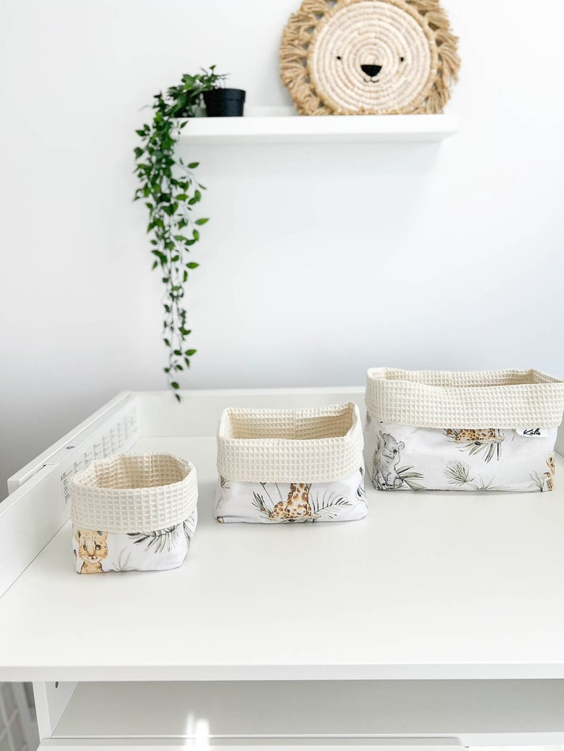 Matelas à langer en coton à imprimé animal avec long oreiller et paniers, tapis à langer pour chambre de bébé, surmatelas pour table à langer, Set of 3 baskets