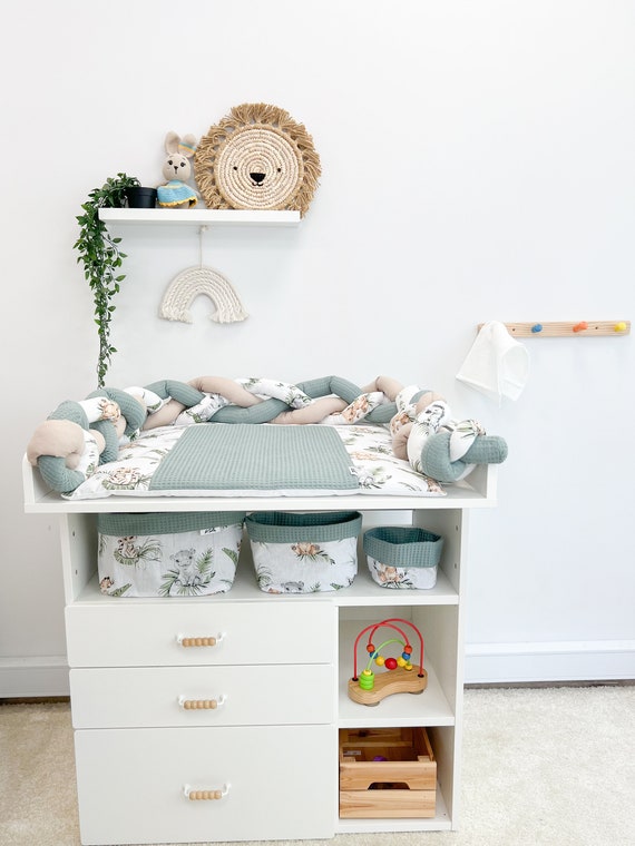 Braided Cotton safari animal print changing pad with long pillow and baskets, baby nursery room changing top mat, topper for changing table