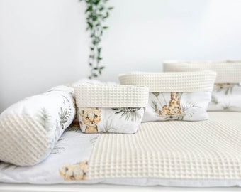 Fasciatoio in cotone con stampa animalier con cuscino lungo e cestini, fasciatoio per la cameretta dei bambini, topper per fasciatoio,