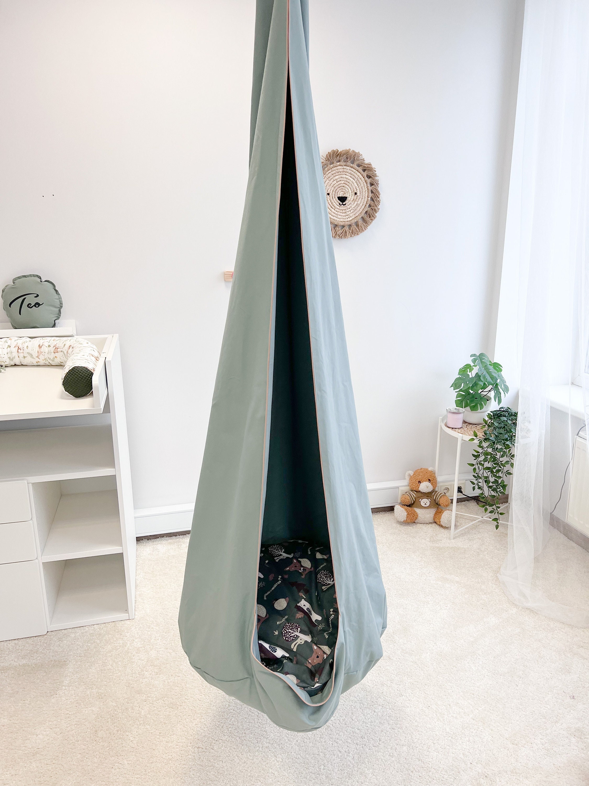 Cotton swing cave beige, Natural room swing for children, Cocoon sensory swing Hanging pod swing Indoor kids hammock, Indoor therapy swing