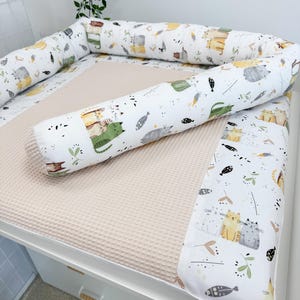 Aankleedkussen met katoenen print, lang kussen en manden, aankleedkussen babykamer, topper voor commode,