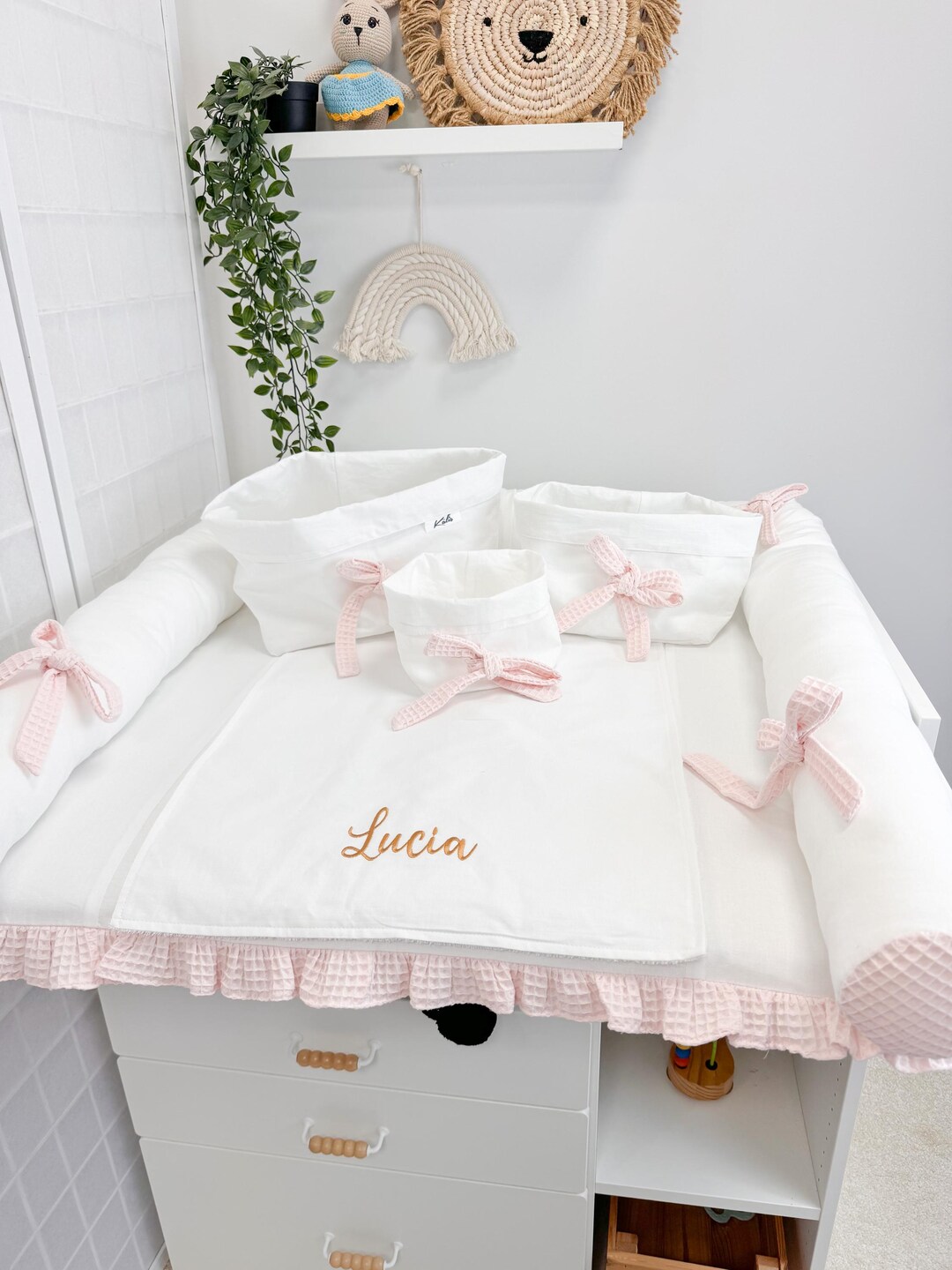 White Baby Girl Pink Changing Pad, Long Pillow and Baskets Utensilos ...