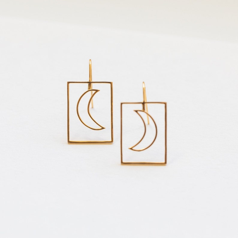 Goodnight Moon Earrings in 14K Gold Plated Brass Celestial Delicate Simple Lightweight Funky Unique Moon Jewelry image 4