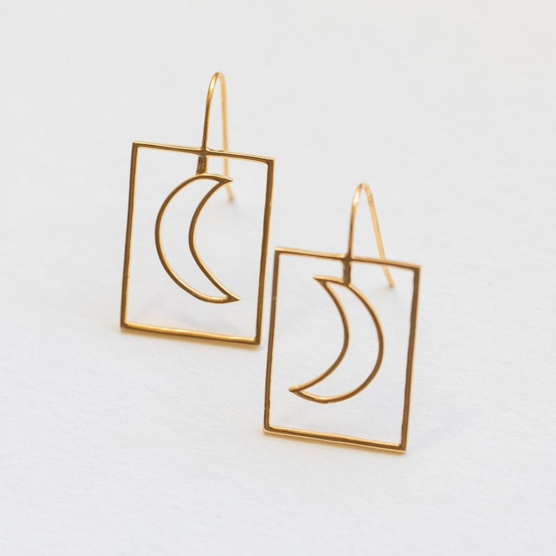 Goodnight Moon Earrings in 14K Gold Plated Brass Celestial Delicate Simple Lightweight Funky Unique Moon Jewelry image 1