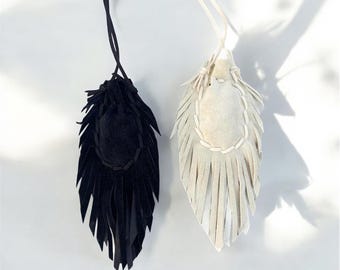Fringe Leather Medicine Bag Necklace, Ethical White or Black Leather