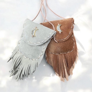 Gold-filled Moon Leather Medicine Bag Necklace, Fringe Medicine Bag, Divine Feminine Medicine Pouch