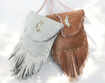 Gold-filled Moon Leather Medicine Bag Necklace, Fringe Medicine Bag, Divine Feminine Medicine Pouch