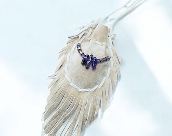 Amethyst Medicine Bag Necklace, Ethically Sourced Leather Pouch