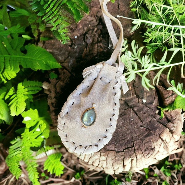 Thora Bag, labradorite medicine bag necklace, white medicine pouch, magical necklace bag, elvin energy, natural ethically sourced, neck bag