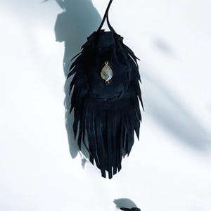 Labradorite Crystal Leather Medicine Bag Necklace, Black Fringe Pouch