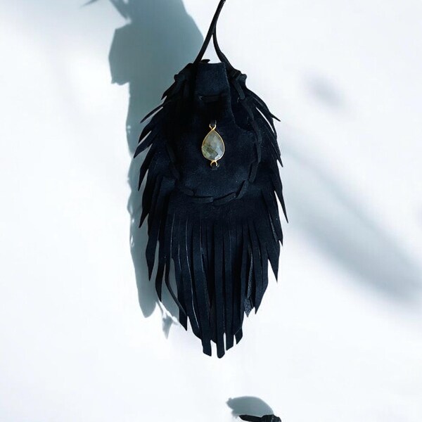 Labradorite Crystal Leather Medicine Bag Necklace, Black Fringe Pouch