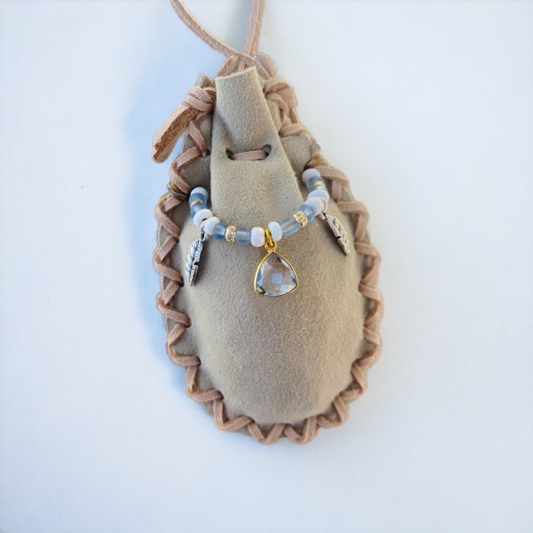 Azura Bag, quartz medicine bag necklace, white medicine pouch, magical necklace bag, elvin energy, white leather neck bag