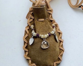 Azura Bag, quartz medicine bag necklace, amethyst medicine pouch, leaf bag, magical necklace bag, elvin energy, natural ethically sourced