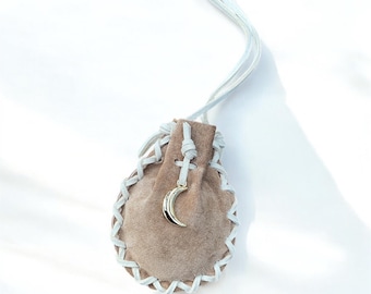 Gold-filled Moon Medicine Bag Necklace, Leather Medicine Pouch, Divine Feminine, Plant Medicine Bag