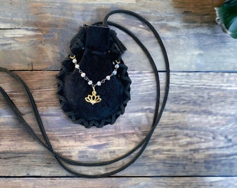 Leyla Bag, lotus medicine bag necklace, black medicine pouch necklace, lotus necklace, black leather neck bag, crystal bag