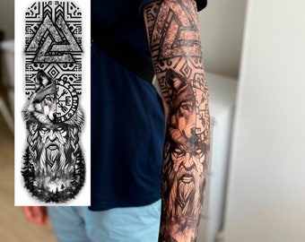 Viking tattoo sleeve, Temporary tattoo, Big temp tattoo, Scandinavian tattoo, Tattoos for men, Realistic tattoo, Hand tattoo, Durable tattoo
