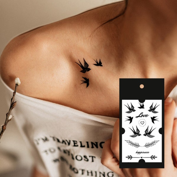 Tatouage temporaire d'hirondelle, tatouage temporaire d'oiseaux, ensemble de tatouage d'hirondelles, tatouage d'amant d'oiseau, tatouage lavable, tatouage durable, faux tatouage