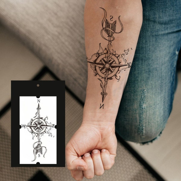 Compass temporary tattoo, World map temp tattoo, Travel tattoo, Festival tattoo, Fake tattoo, Realistic tattoo, Tattoo temporary