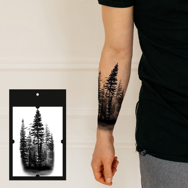 Forest tattoo sleeve, Pine tree tattoo, Temporary tattoo, Forest temp tattoo, Hand tattoo, Original tattoo design