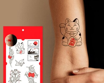 Japanese style tattoo, Koi fish temporary tattoo, Long lasting tattoos, Maneki-Neko temp tattoo, Small tattoos, Original design tattoo