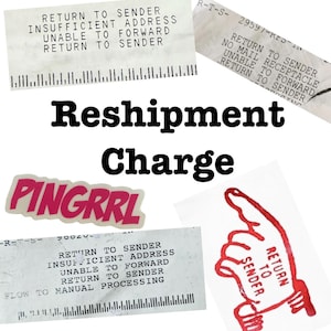 May include: A collage of images with the text "Reshipment Charge" in bold black letters. The images include a pink sticker with the text "PINGRRL" and several white labels with the text "Return to Sender" and "Insufficient Address".